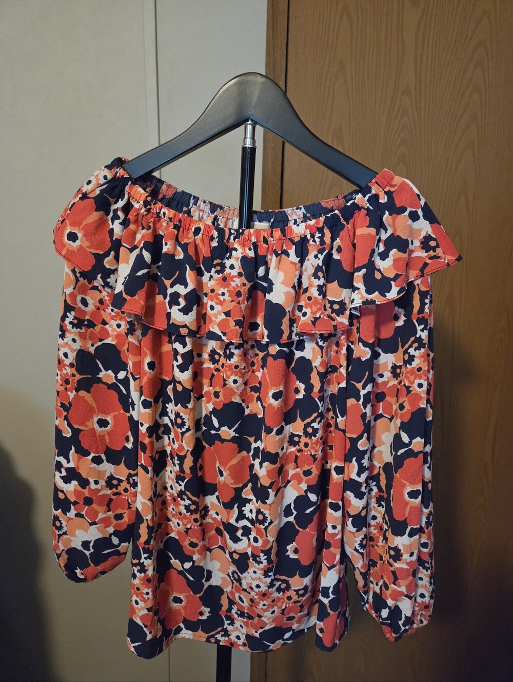 Michael Kors Floral Off-Shoulder Blouse in Red, Navy and Cream